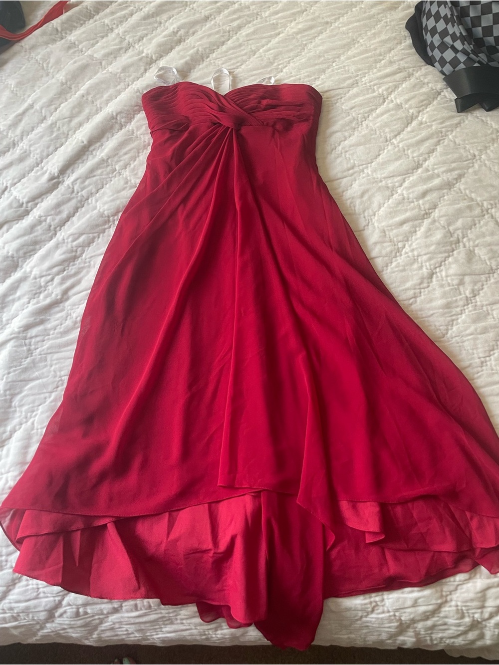 David's Bridal Red Strapless High-Low Chiffon Dress